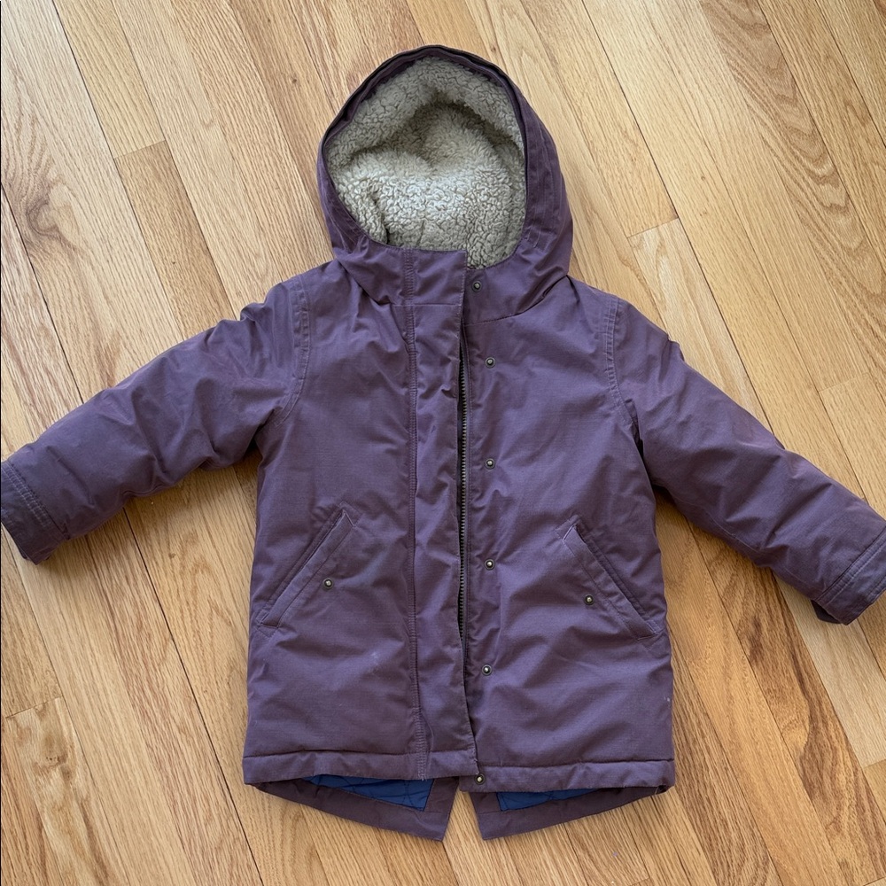 Mini Boden Plum Hooded Puffer Coat with Sherpa Lining